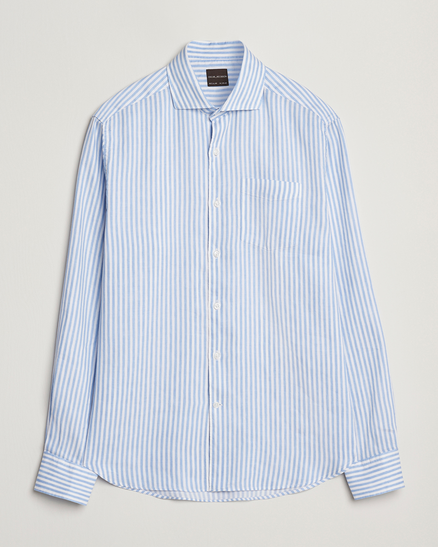 Hombres | Camisas | Oscar Jacobson | Wide Spread Linen/Cotton Venetian Stripe Shirt Blue