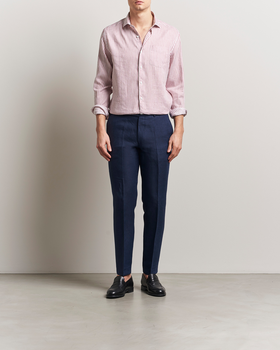 Hombres | Camisas | Oscar Jacobson | Wide Spread Linen/Cotton Venetian Stripe Shirt Red