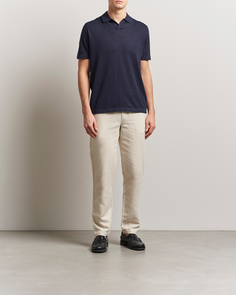 Hombres | Polos | LES DEUX | Emmanuel Linen/Cotton Polo Knit Dark Navy