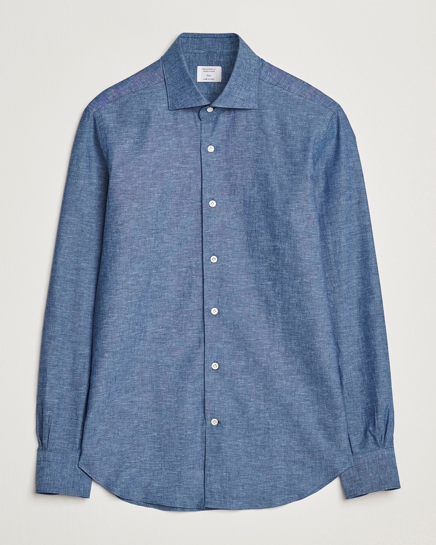 Hombres | Camisas | Mazzarelli | Soft Linen Cut Away Shirt Dark Blue