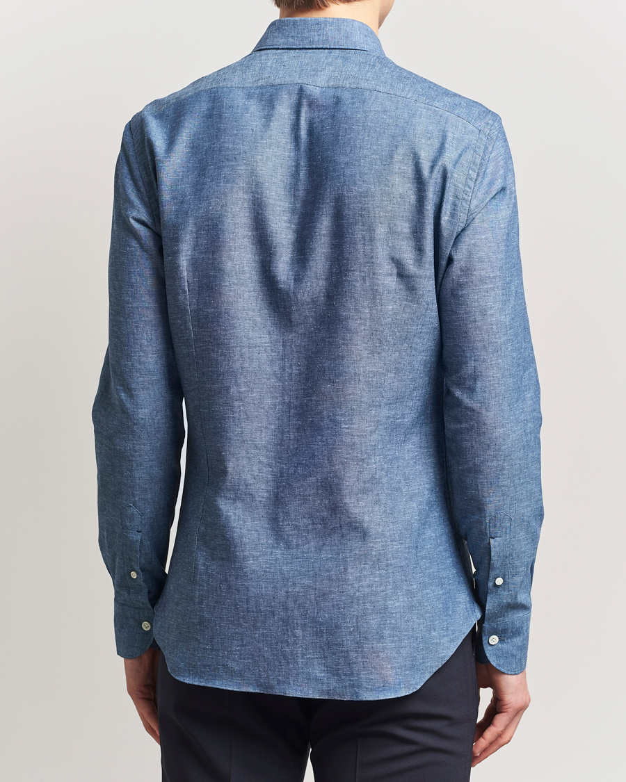Hombres | Camisas | Mazzarelli | Soft Linen Cut Away Shirt Dark Blue