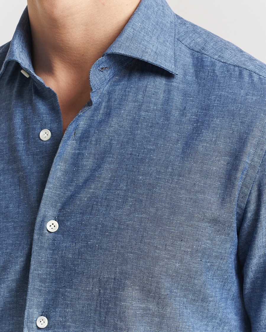 Hombres | Camisas | Mazzarelli | Soft Linen Cut Away Shirt Dark Blue