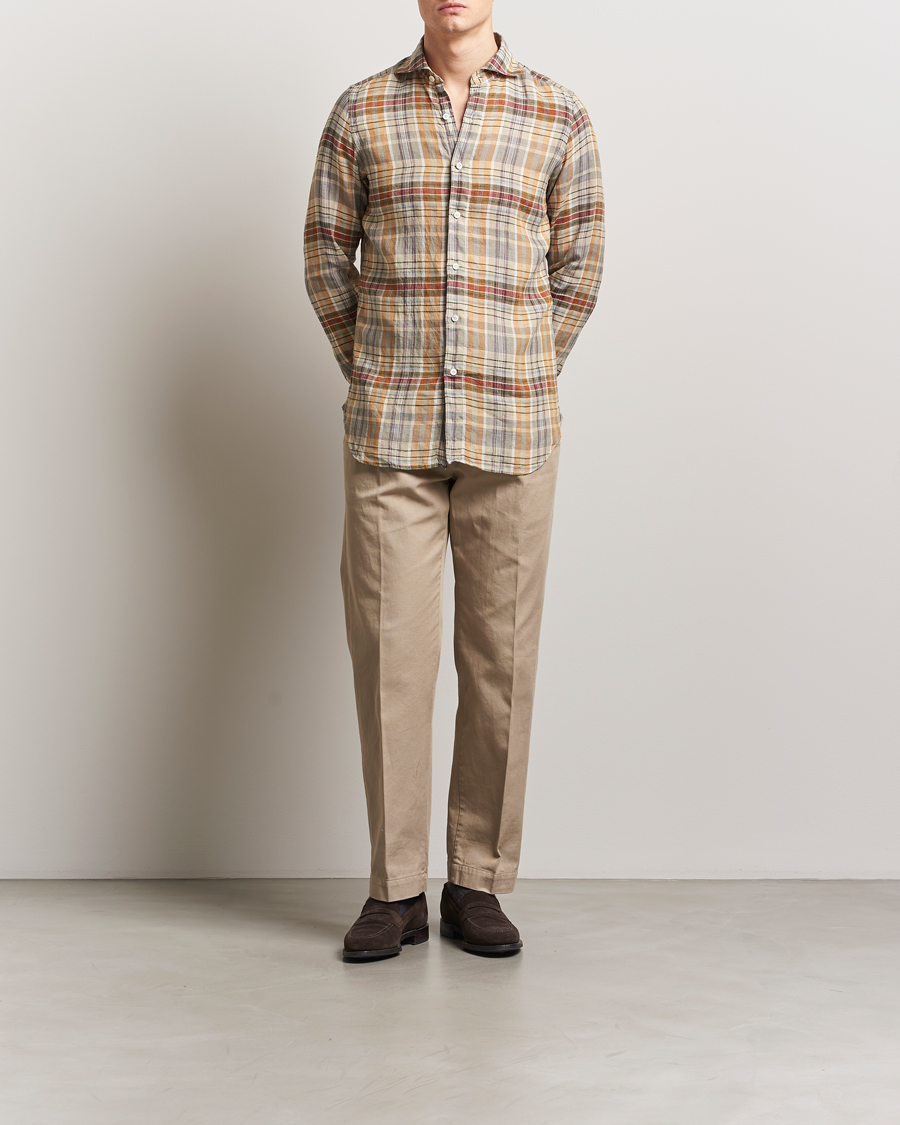 Hombres | Camisas | Finamore Napoli | Gaeta Linen Shirt Beige Check