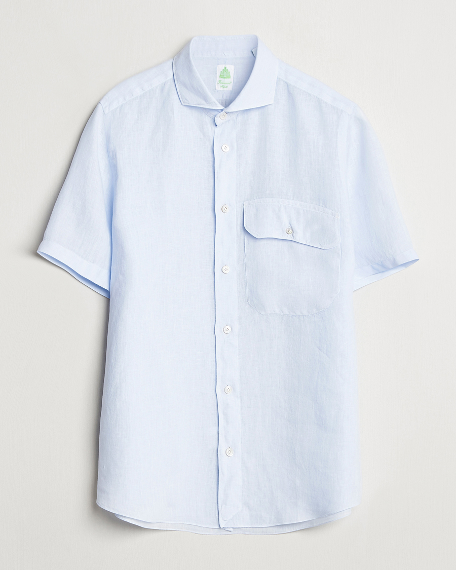 Hombres | Camisas | Finamore Napoli | Linen Short Sleeve Sport Shirt Light Blue
