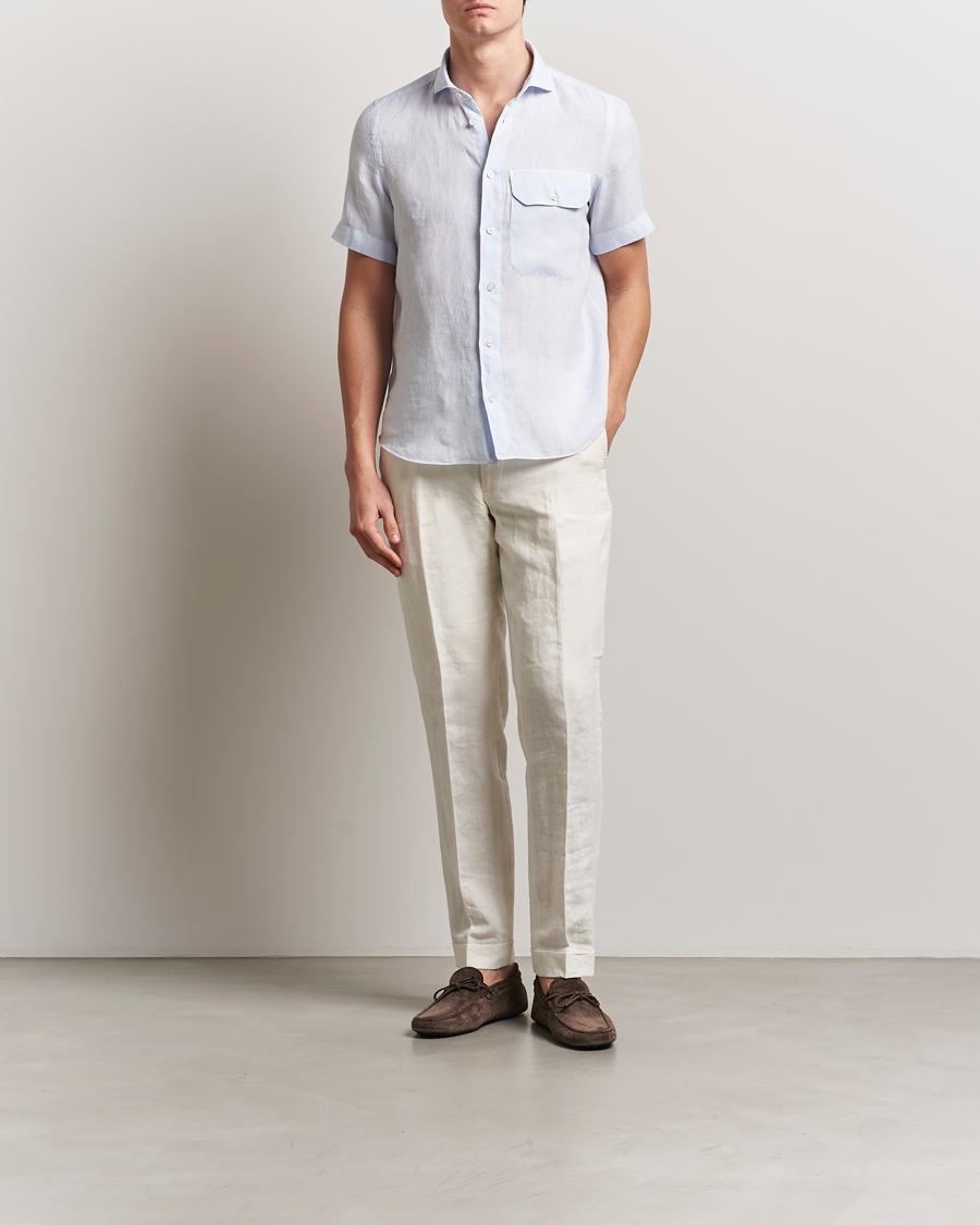 Hombres | Camisas | Finamore Napoli | Linen Short Sleeve Sport Shirt Light Blue