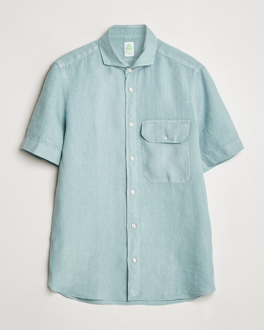 Hombres | Camisas | Finamore Napoli | Linen Short Sleeve Sport Shirt Teal