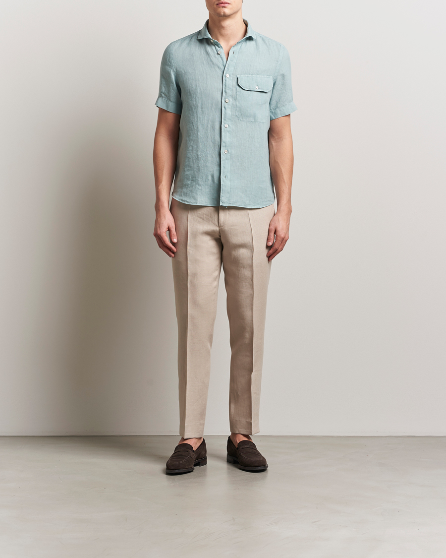 Hombres | Camisas | Finamore Napoli | Linen Short Sleeve Sport Shirt Teal