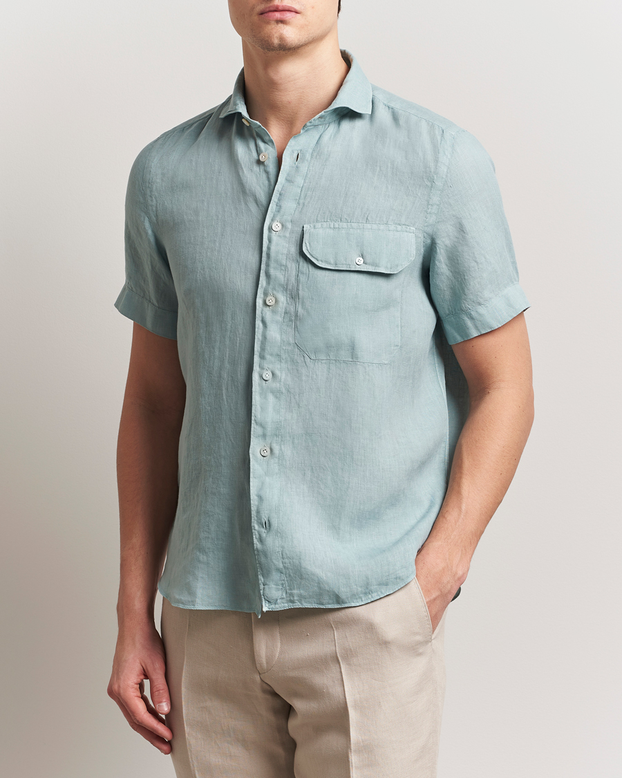 Hombres | Camisas | Finamore Napoli | Linen Short Sleeve Sport Shirt Teal
