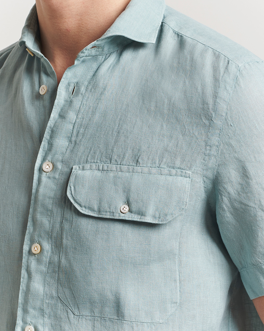 Hombres | Camisas | Finamore Napoli | Linen Short Sleeve Sport Shirt Teal