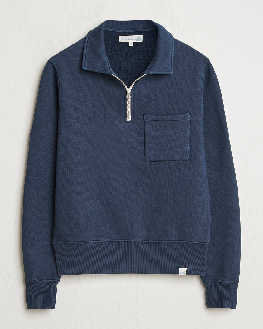 Hombres | Jerséis y prendas de punto | Merz b. Schwanen | Relaxed Fit Vintage Fleece Half Zip Sweat Denim Blue