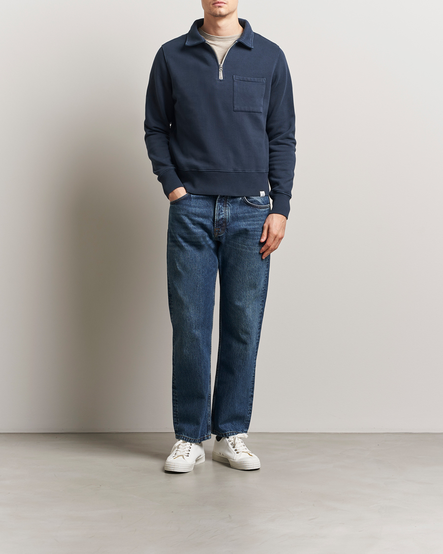 Hombres | Jerséis y prendas de punto | Merz b. Schwanen | Relaxed Fit Vintage Fleece Half Zip Sweat Denim Blue