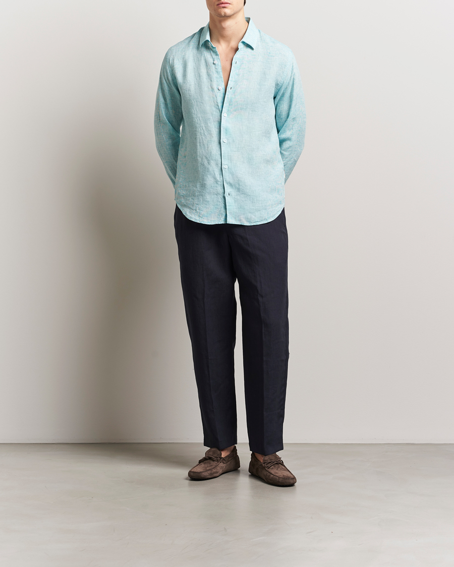 Hombres | Camisas | Orlebar Brown | Giles Long Sleeve Linen Shirt Aqua Blue/White