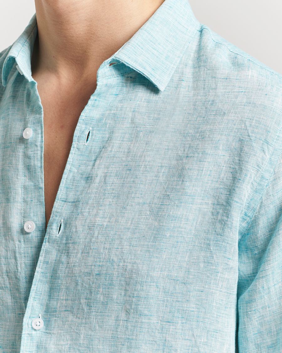 Hombres | Camisas | Orlebar Brown | Giles Long Sleeve Linen Shirt Aqua Blue/White