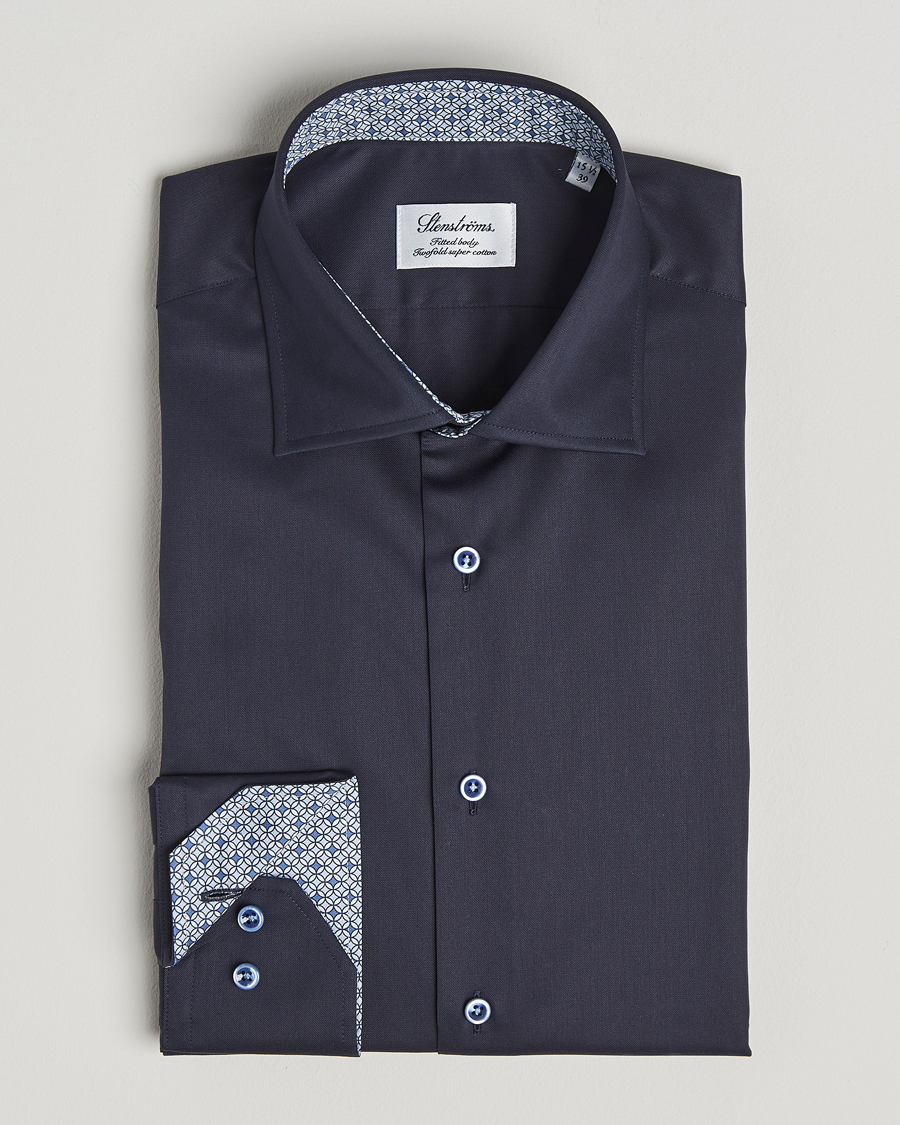 Hombres | Camisas | Stenströms | Fitted Body Contrast Cotton Twill Shirt Navy