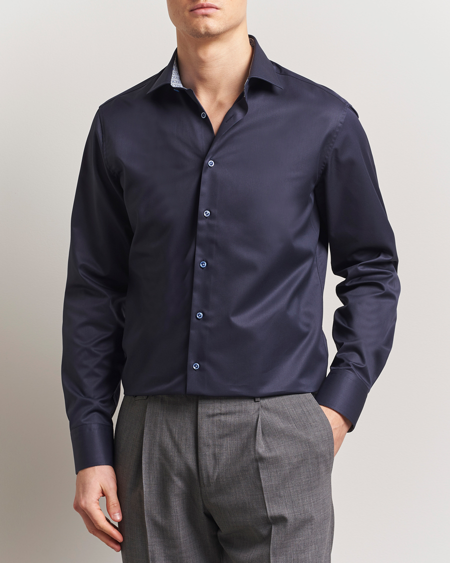 Hombres | Camisas | Stenströms | Fitted Body Contrast Cotton Twill Shirt Navy