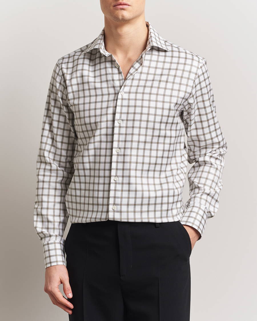 Hombres | Camisas | Stenströms | Fitted Body Checked Cut Away Shirt Taupe/White