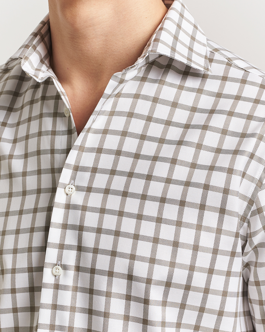 Hombres | Camisas | Stenströms | Fitted Body Checked Cut Away Shirt Taupe/White