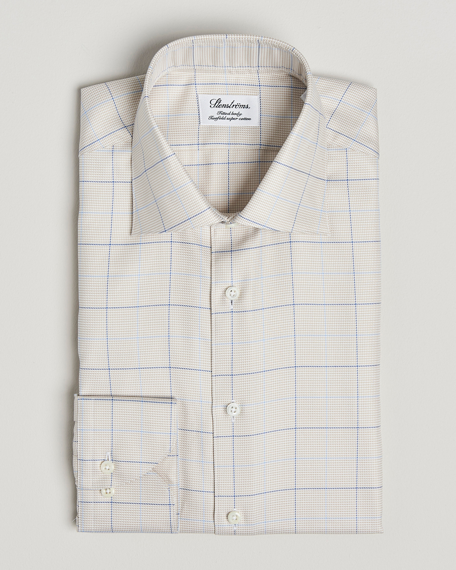 Hombres | Camisas | Stenströms | Fitted Body Checked Houndstooth Shirt Taupe