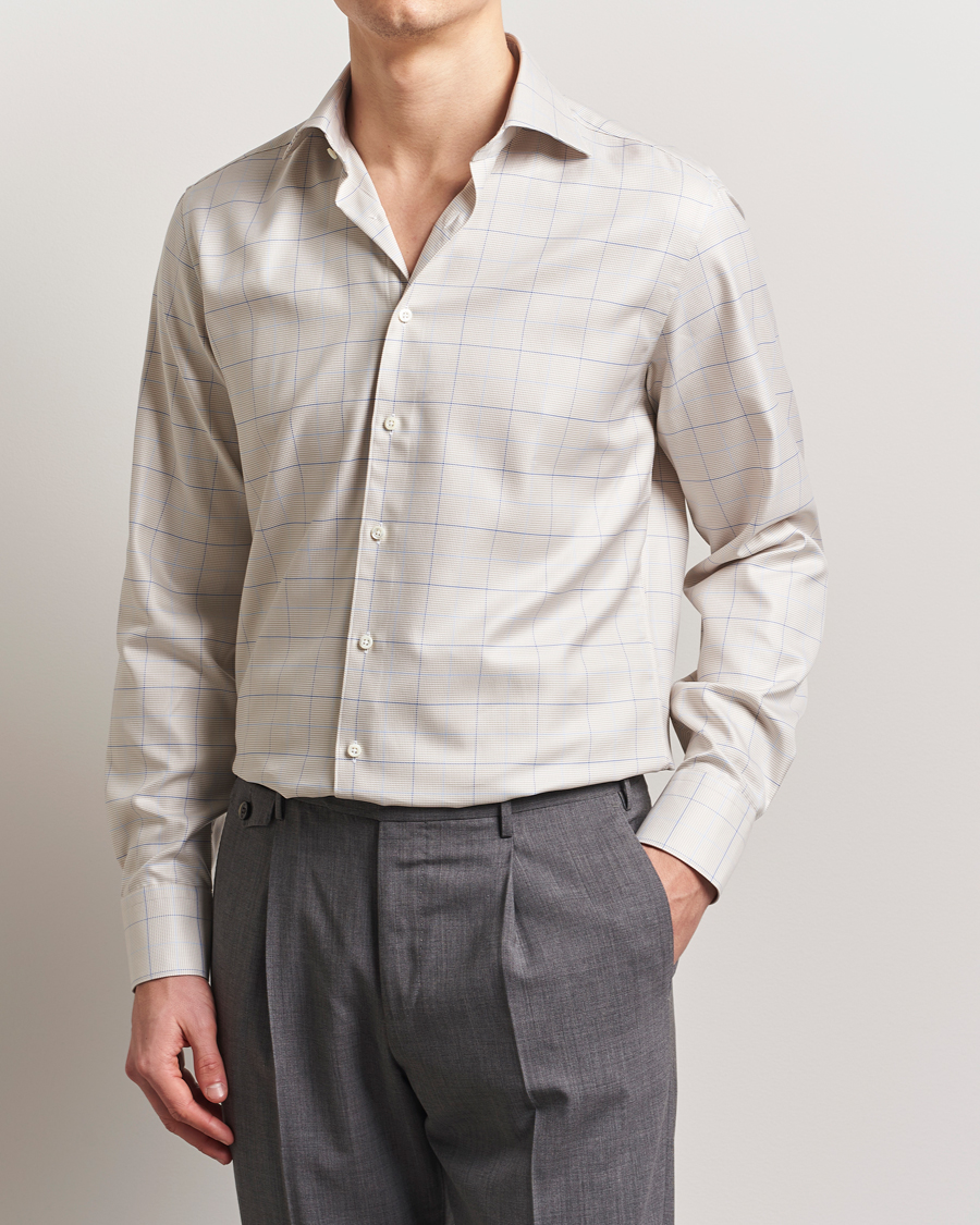 Hombres | Camisas | Stenströms | Fitted Body Checked Houndstooth Shirt Taupe