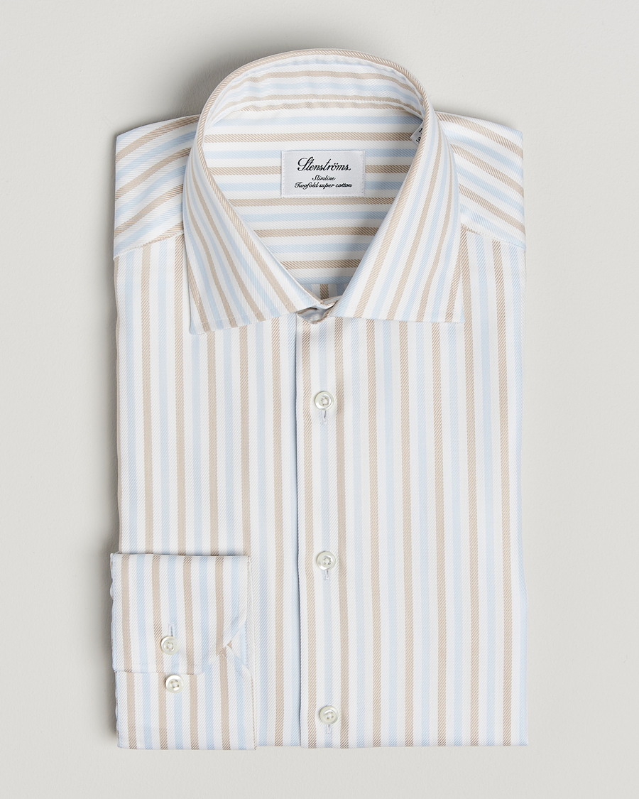 Hombres | Camisas | Stenströms | Slimline Multi Striped Twill Shirt Blue/Beige