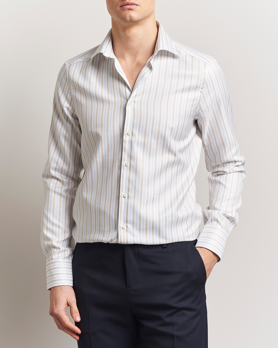 Hombres | Camisas | Stenströms | Slimline Multi Striped Twill Shirt Blue/Beige