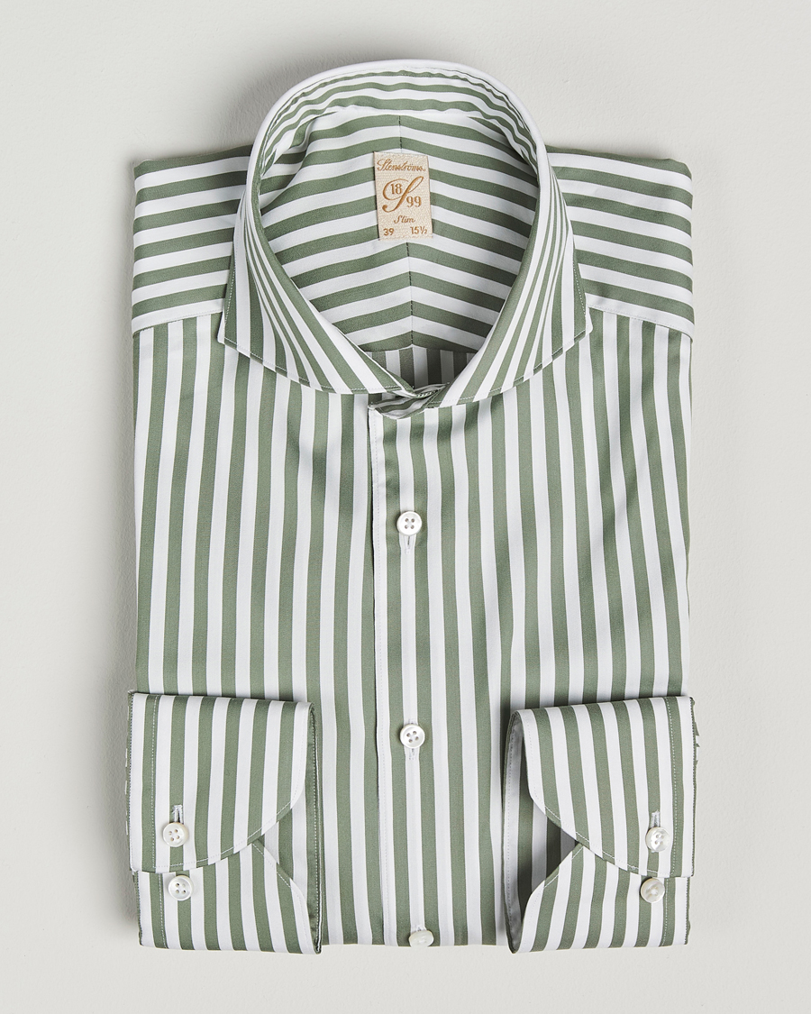 Hombres | Camisas | Stenströms | 1899 Slimline Striped Cotton/Silk Shirt Green