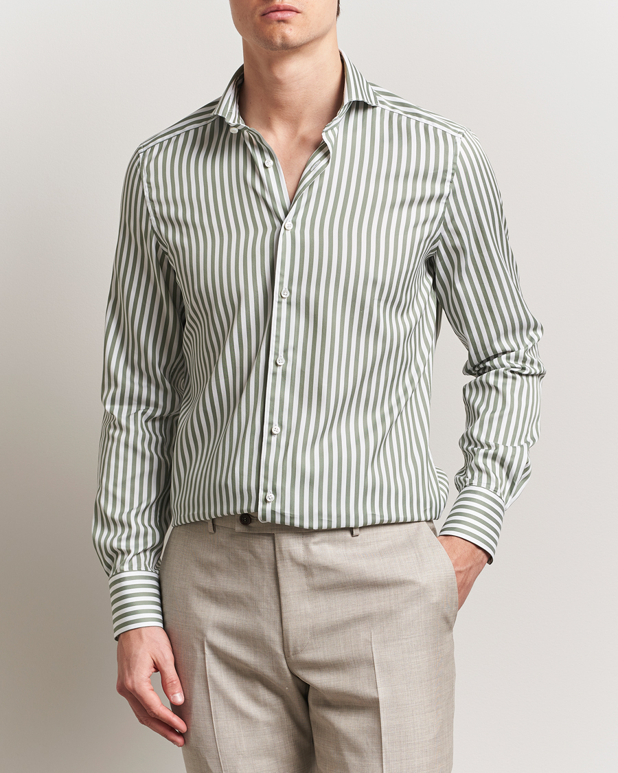 Hombres | Camisas | Stenströms | 1899 Slimline Striped Cotton/Silk Shirt Green