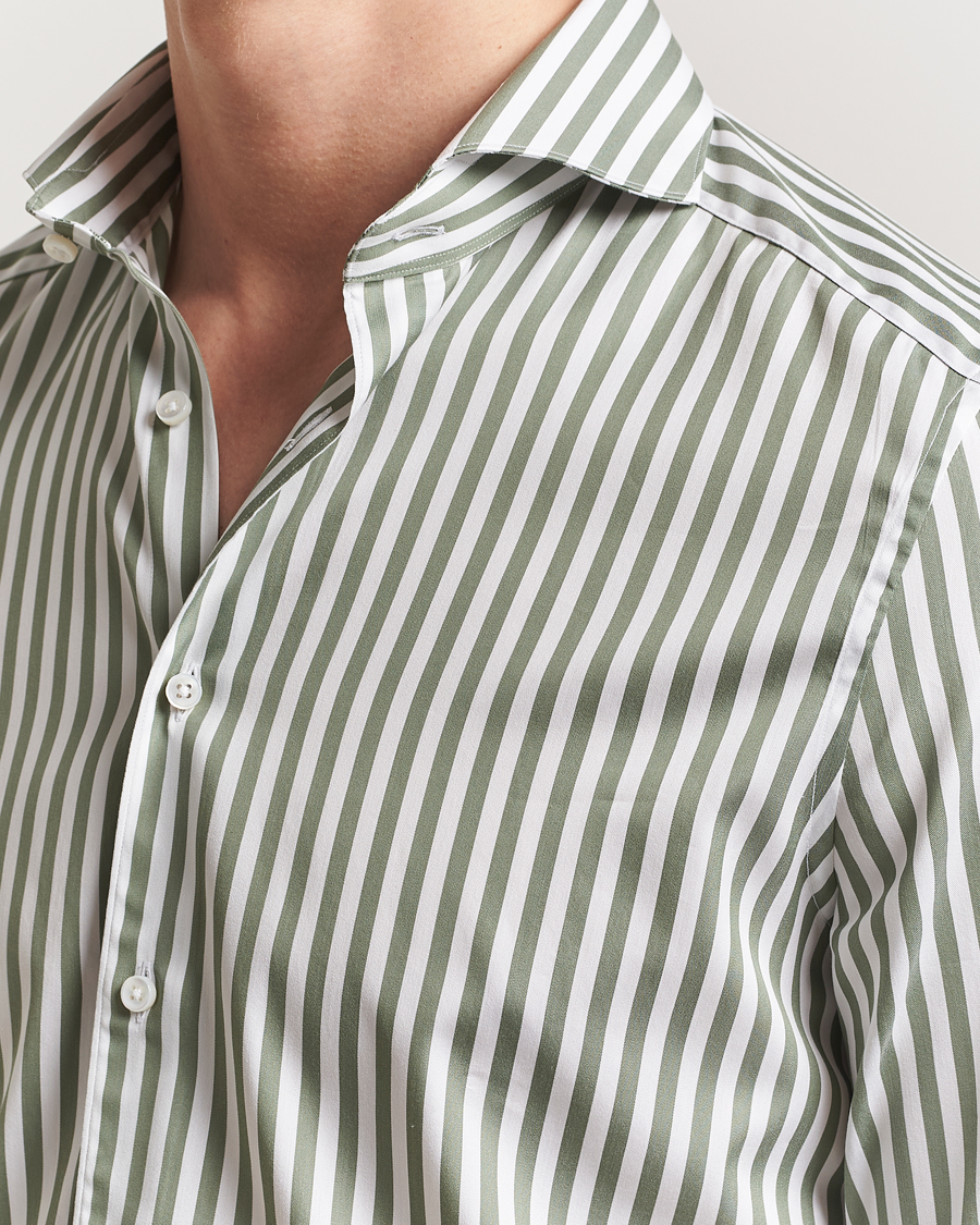 Hombres | Camisas | Stenströms | 1899 Slimline Striped Cotton/Silk Shirt Green