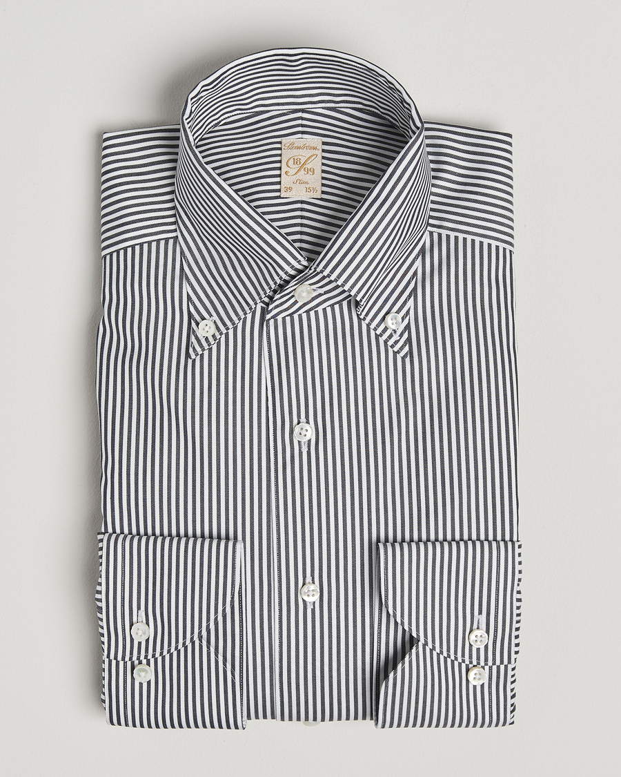 Hombres | Camisas | Stenströms | 1899 Slimline Striped One Piece Button Down Collar Shirt Black
