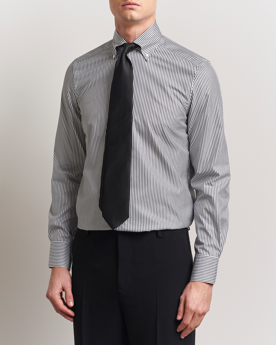 Hombres | Camisas | Stenströms | 1899 Slimline Striped One Piece Button Down Collar Shirt Black