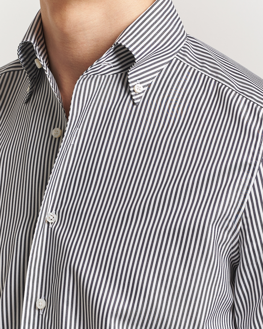 Hombres | Camisas | Stenströms | 1899 Slimline Striped One Piece Button Down Collar Shirt Black