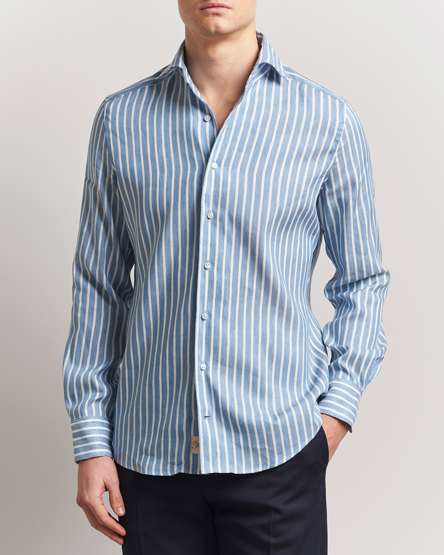 Hombres | Camisas | Stenströms | 1899 Slimline Striped Linen/Lyocell Shirt Blue