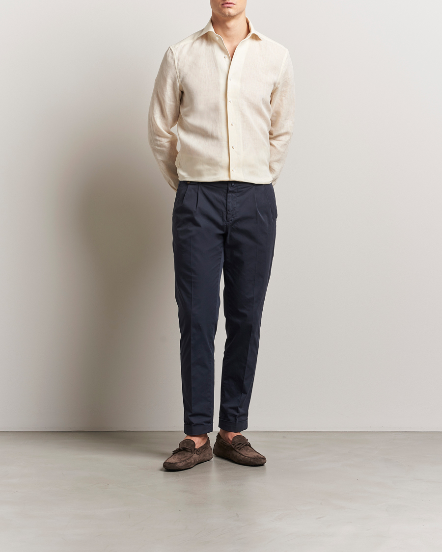 Hombres | Camisas | Stenströms | 1899 Slimline Linen One Piece Collar Shirt Yellow