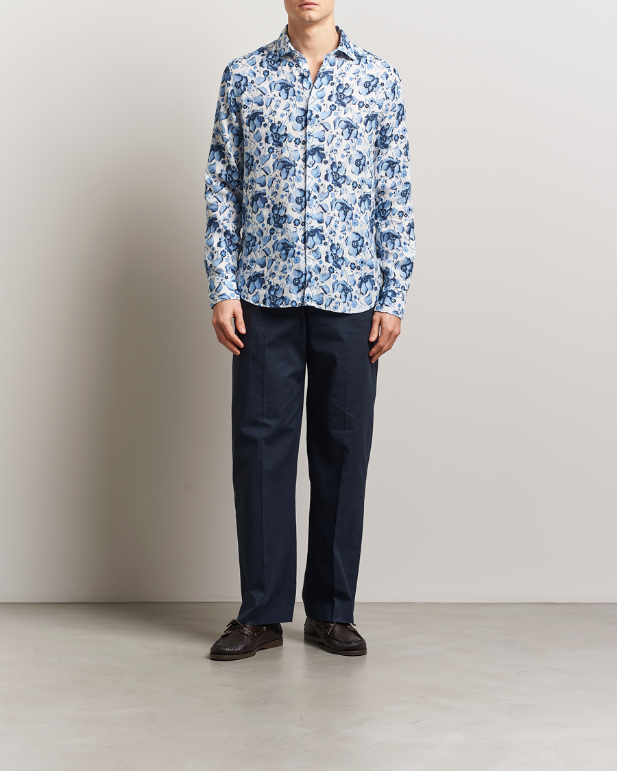 Hombres | Camisas | Stenströms | Fitted Body Flower Printed Linen Shirt Blue