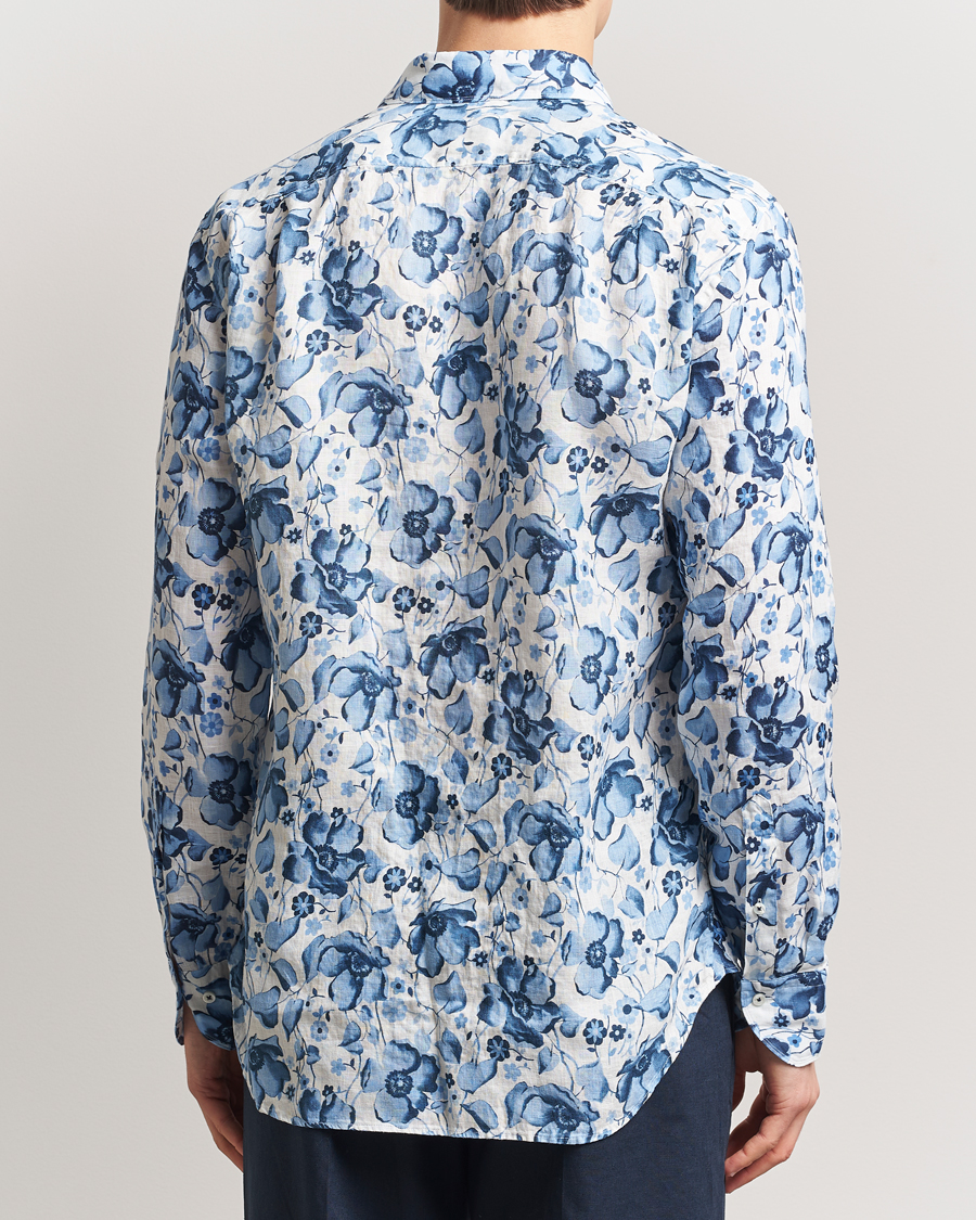 Hombres | Camisas | Stenströms | Fitted Body Flower Printed Linen Shirt Blue