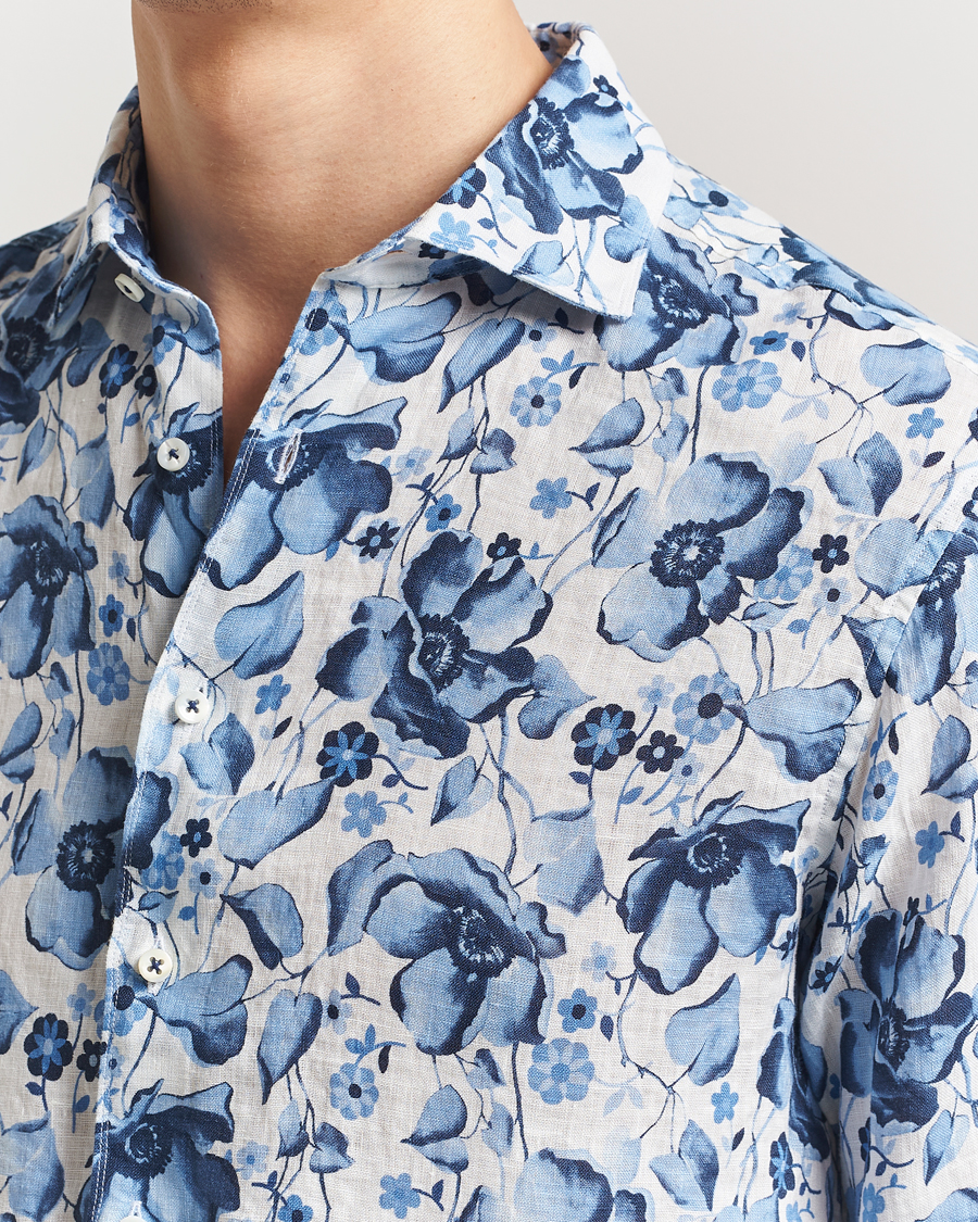 Hombres | Camisas | Stenströms | Fitted Body Flower Printed Linen Shirt Blue