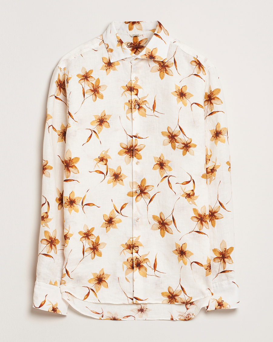 Hombres | Camisas | Stenströms | Fitted Body Flower Printed Linen Shirt White