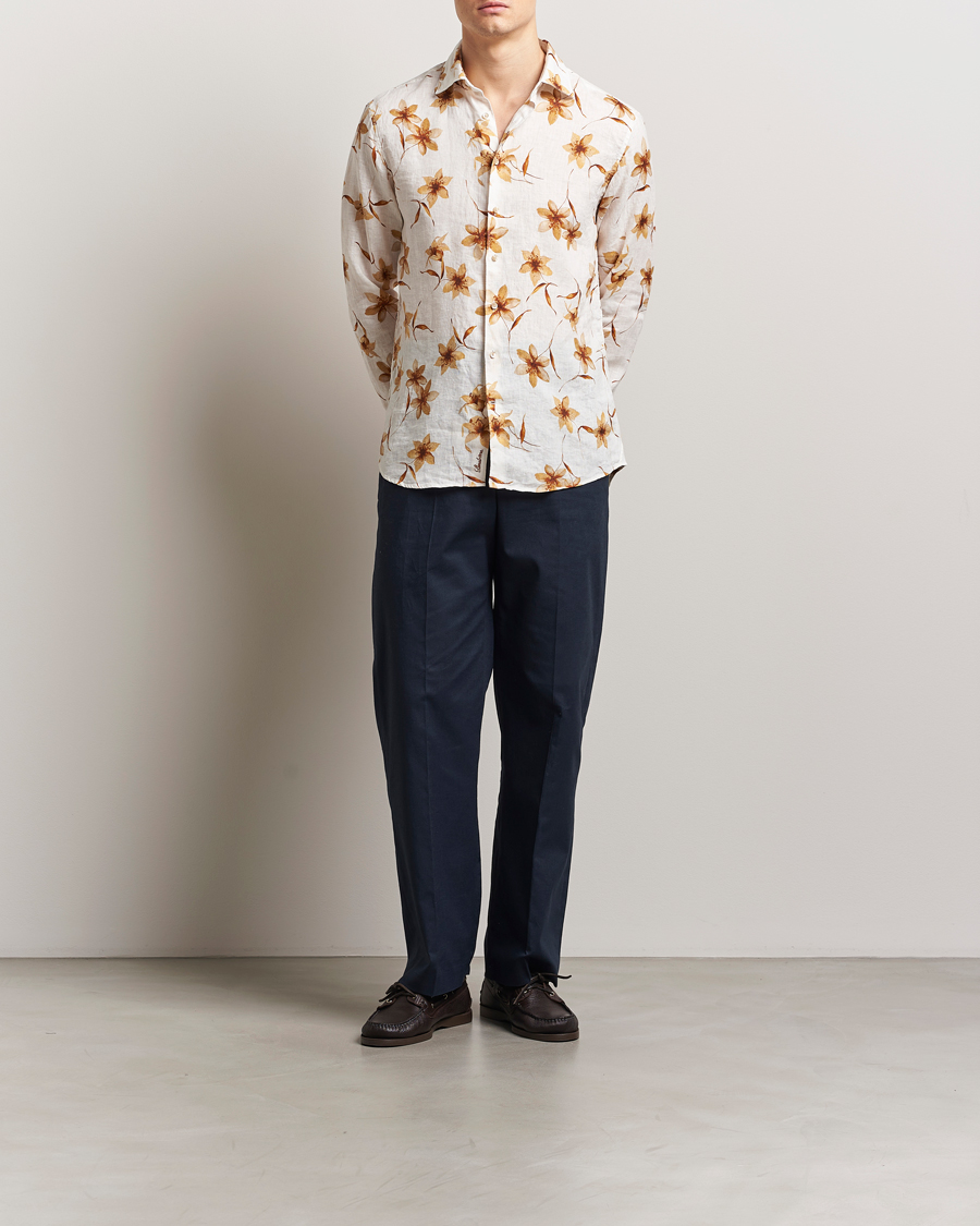 Hombres | Camisas | Stenströms | Fitted Body Flower Printed Linen Shirt White