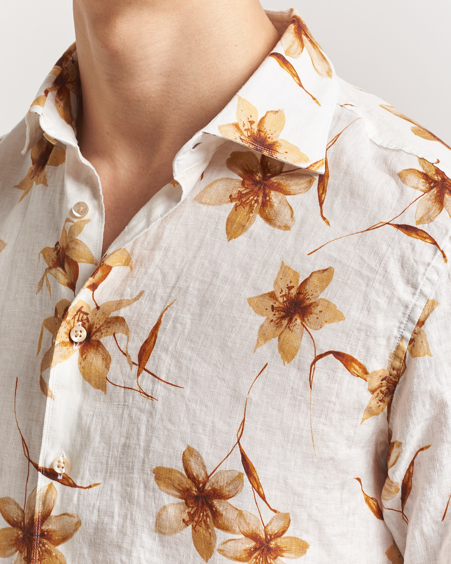 Hombres | Camisas | Stenströms | Fitted Body Flower Printed Linen Shirt White