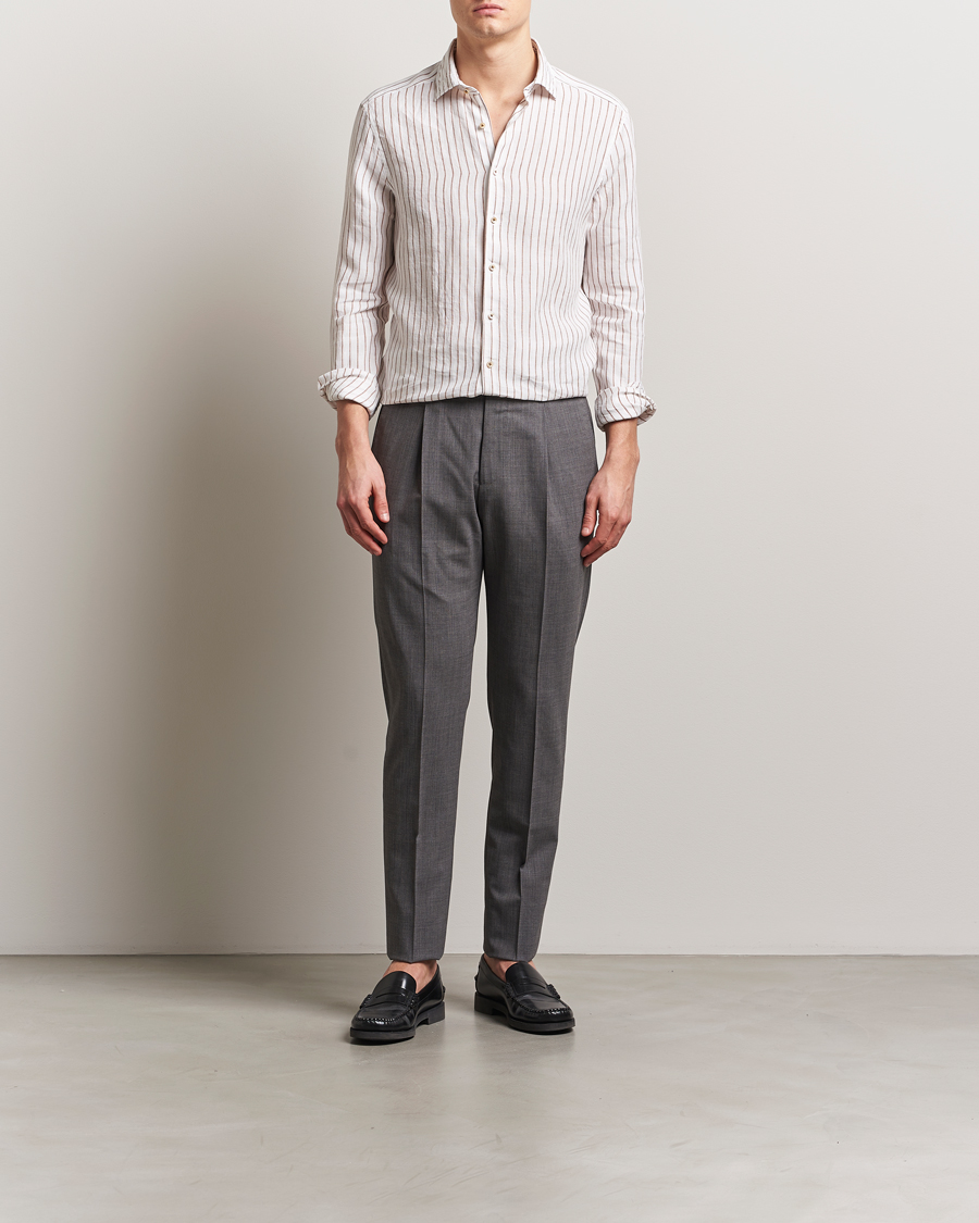 Hombres | Camisas | Stenströms | Slimline Striped Linen Shirt White/Brown