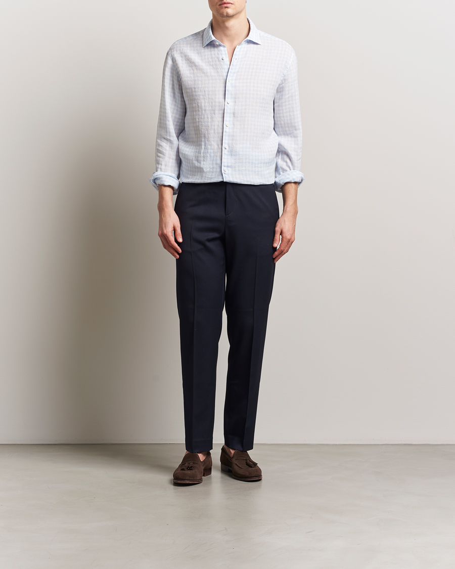 Hombres | Camisas | Stenströms | Fitted Body Checked Linen Shirt Blue