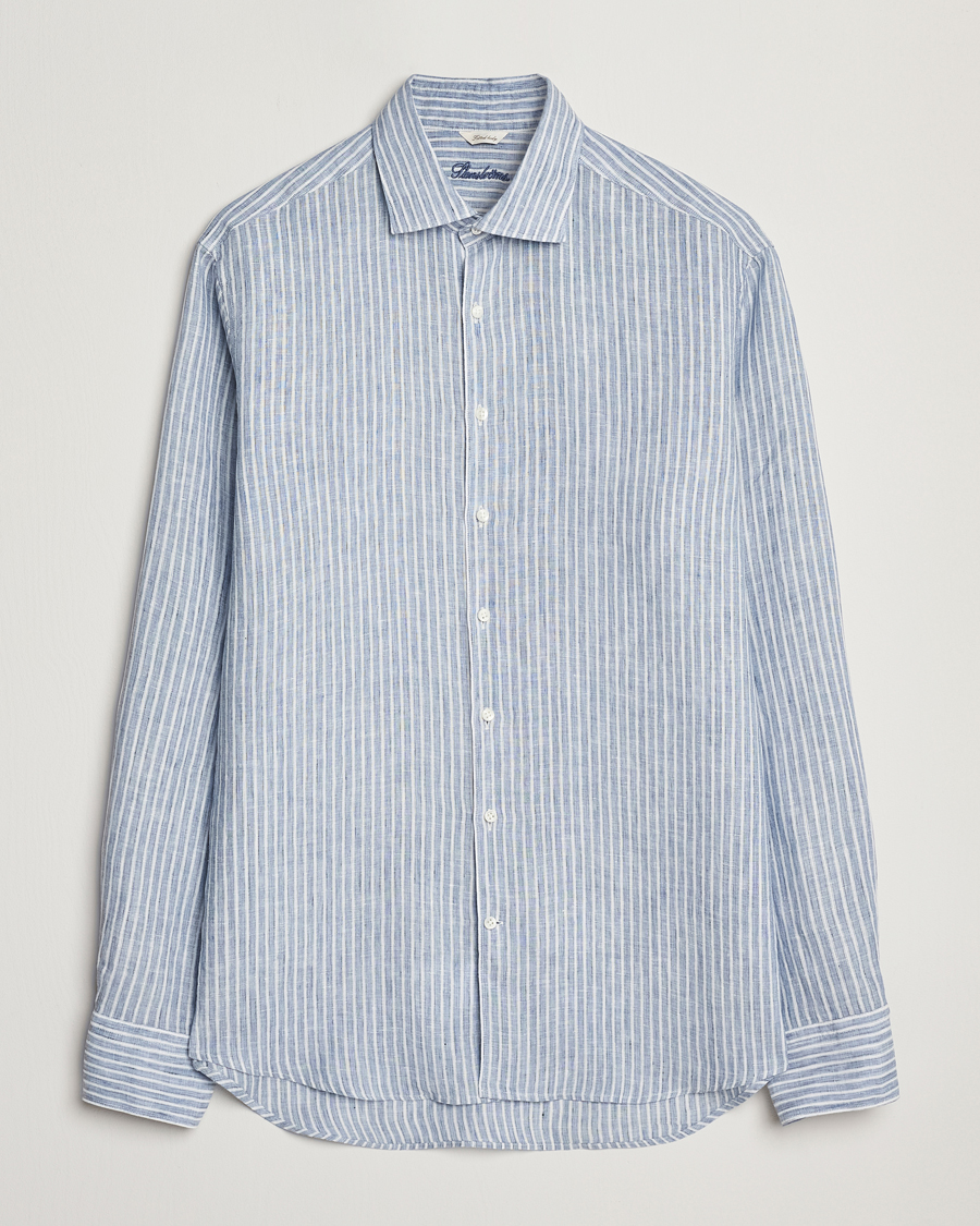 Hombres | Camisas | Stenströms | Fitted Body Striped Linen Shirt Blue