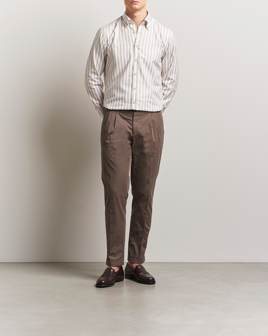 Hombres | Camisas | Stenströms | Fitted Body Wide Stripe Oxford Shirt Beige
