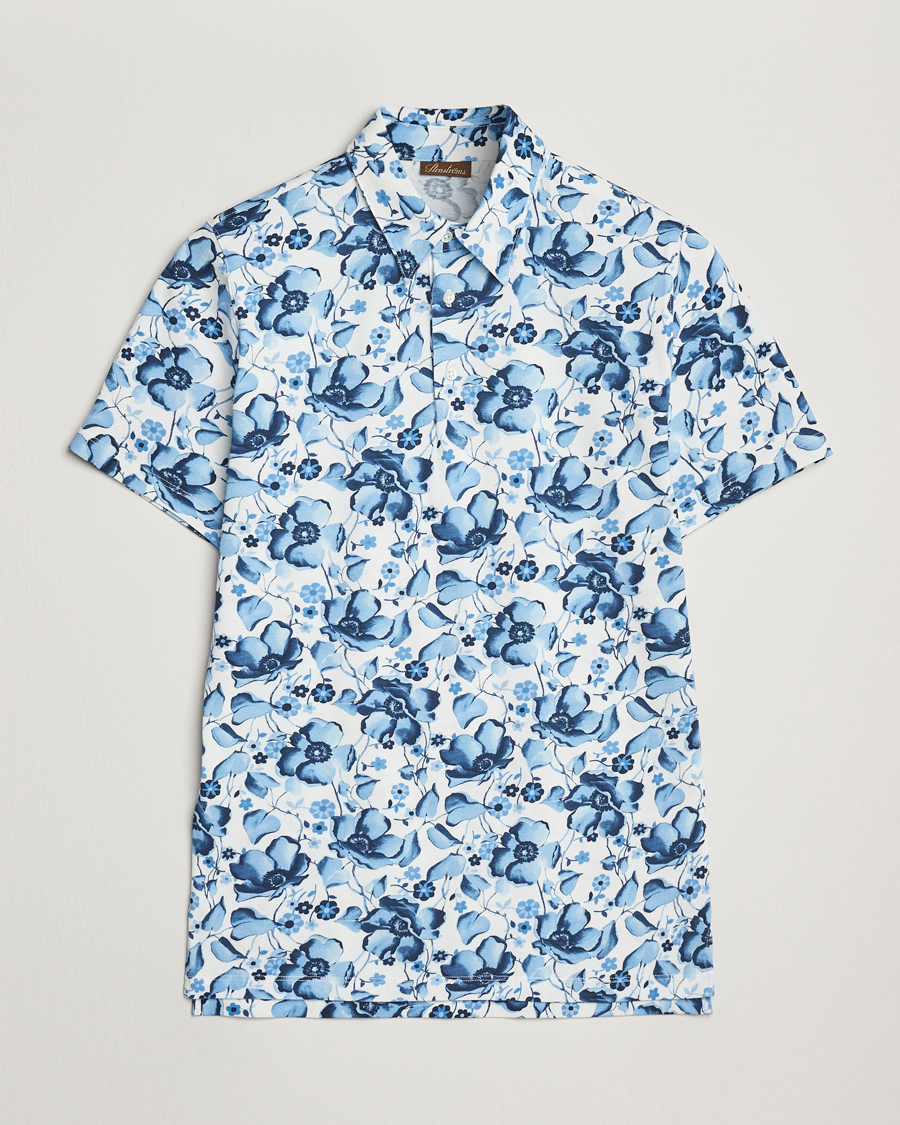 Hombres | Polos | Stenströms | Cotton Pique Printed Polo Shirt Blue