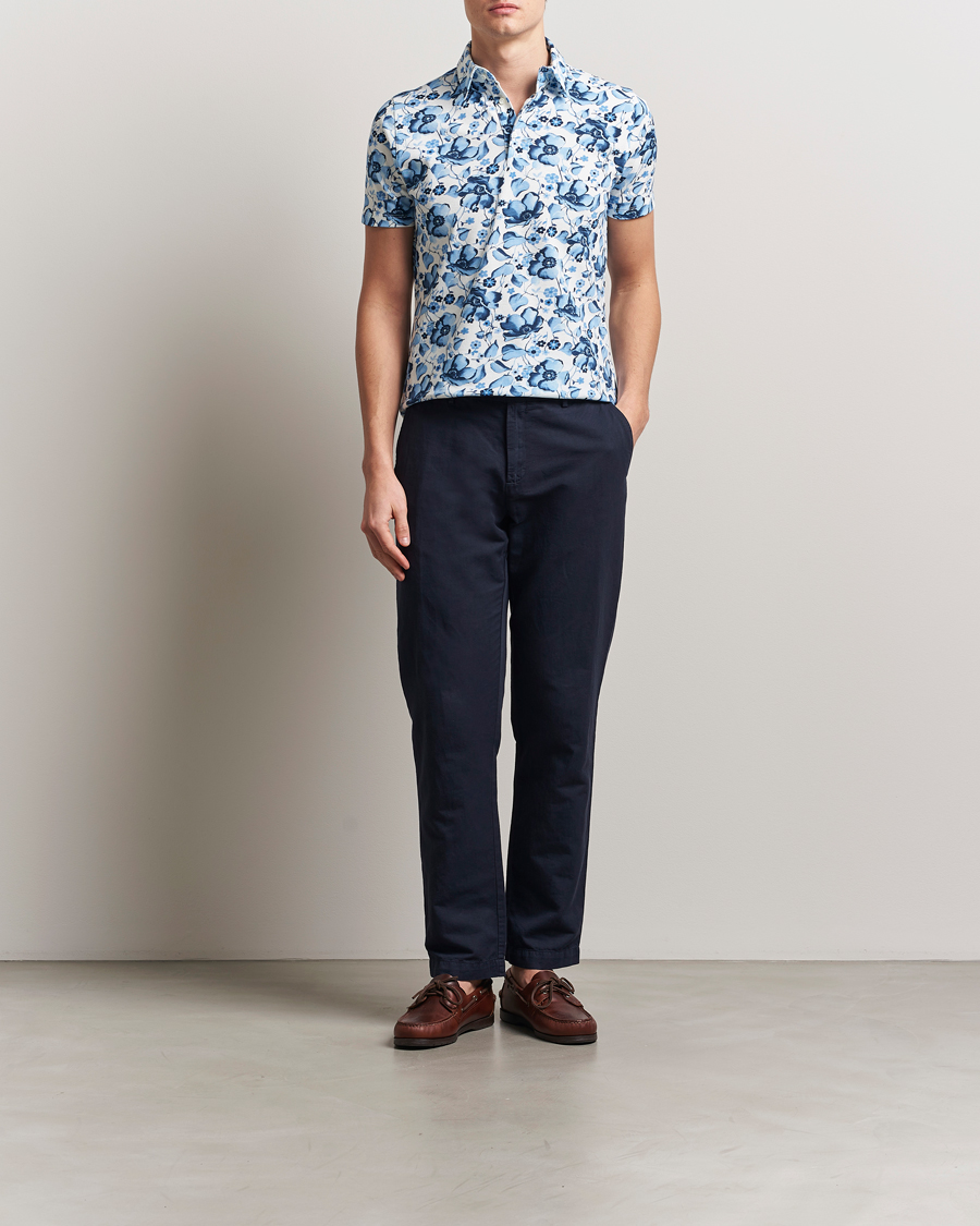 Hombres | Polos | Stenströms | Cotton Pique Printed Polo Shirt Blue