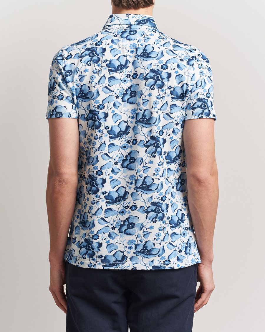 Hombres | Polos | Stenströms | Cotton Pique Printed Polo Shirt Blue