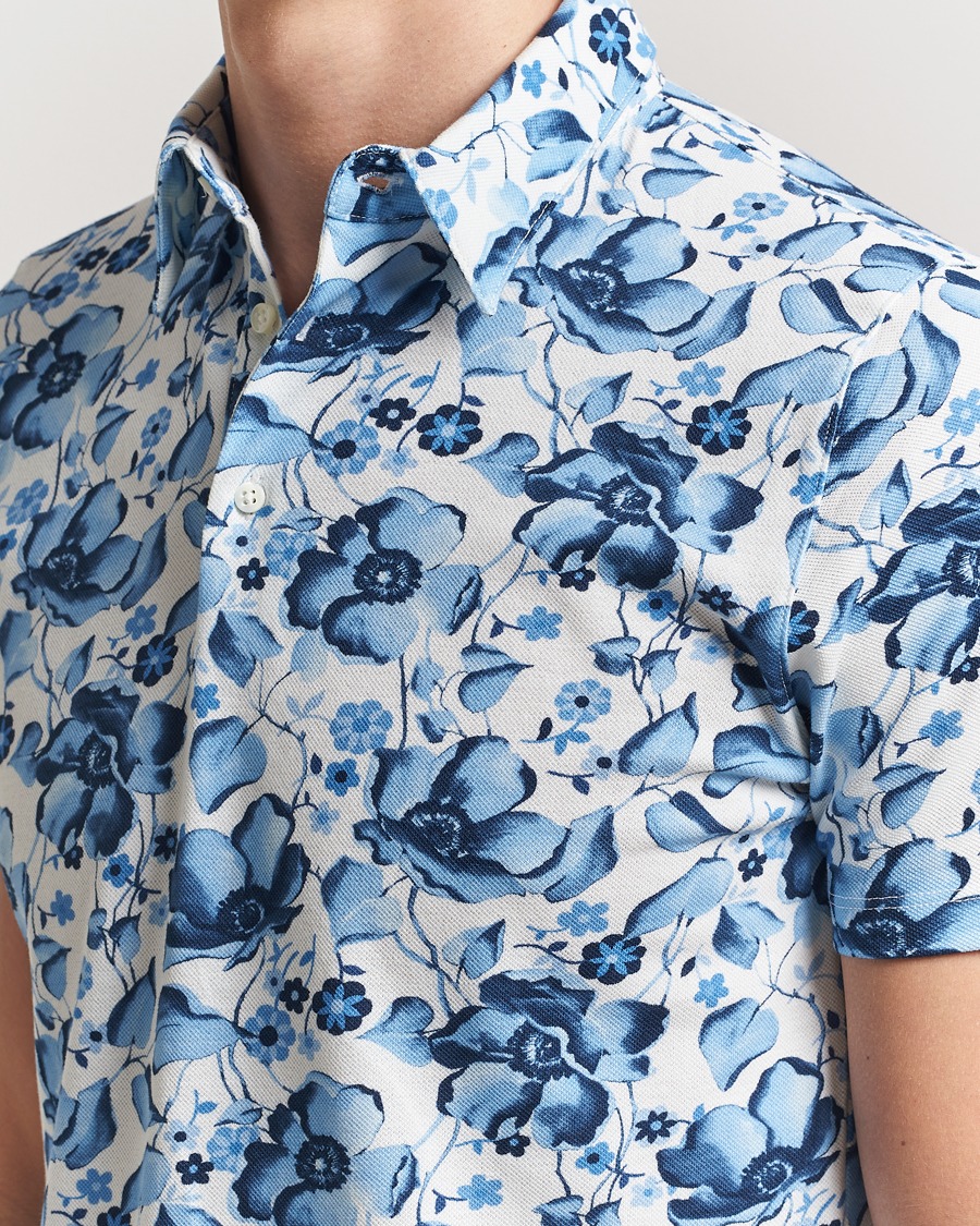 Hombres | Polos | Stenströms | Cotton Pique Printed Polo Shirt Blue