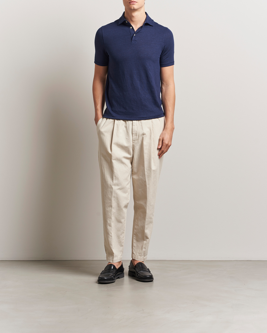 Hombres | Polos | Stenströms | Linen Polo Shirt Navy