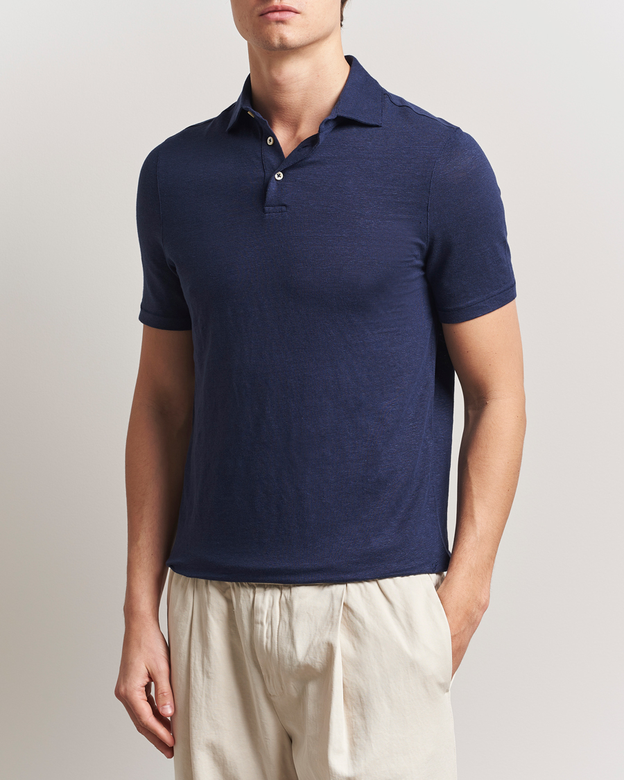 Hombres | Polos | Stenströms | Linen Polo Shirt Navy