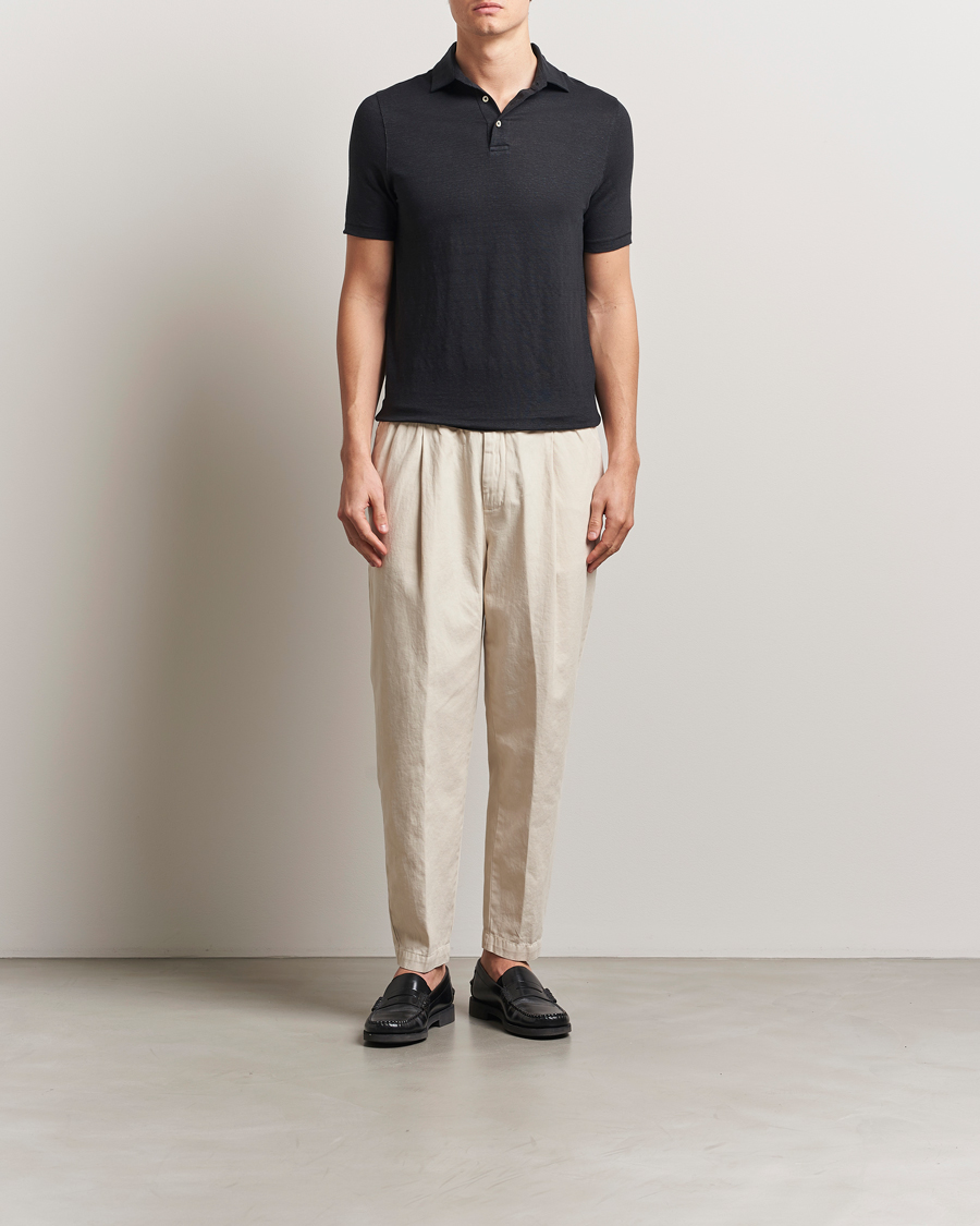 Hombres | Polos | Stenströms | Linen Polo Shirt Black